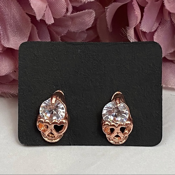 Rose Gold Crystal Skull Stud Earrings - Picture 5 of 16